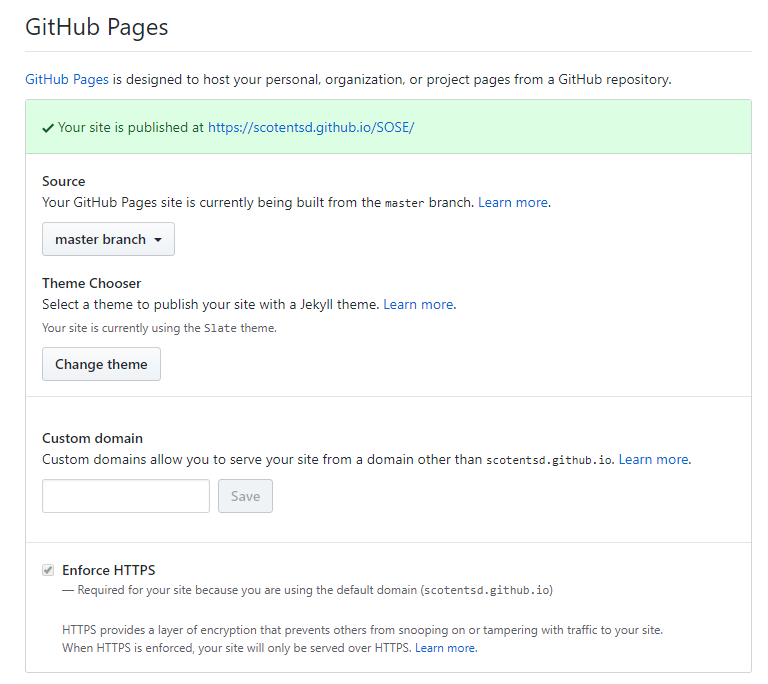 a screenshot of the Github pages section