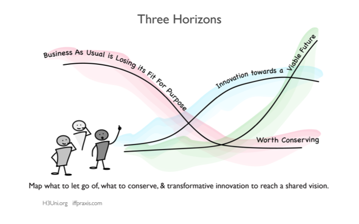 diagram showing the 3 lines: what to let go of, what to conserve, and transformative innovation to reach a shared vision