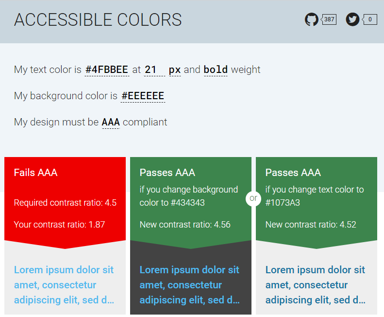 screenshot of the website Accessible colours, showing alternatives when colour choice don't work
